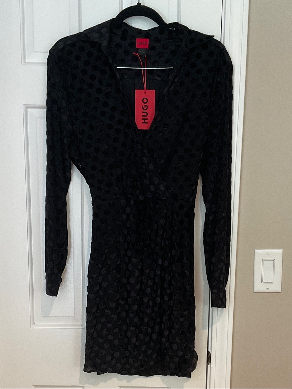 HUGO Black Textured Dot Wrap Long-Sleeve Dress